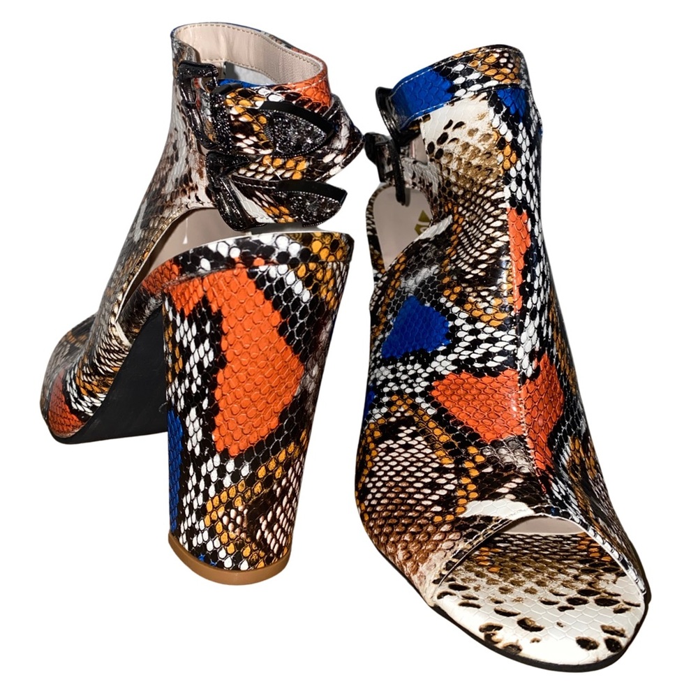 Multi-Colored Snakeskin Open-Toe Booties - image 4